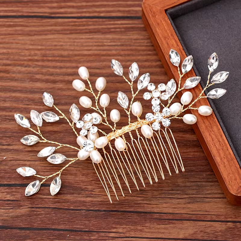 Women Hair Comb Jewelry Wedding Hair Accessories Rhinestone Pearl Bridal Hair Comb Ladies Hair Jewelry Light Gold Comb Headpiece