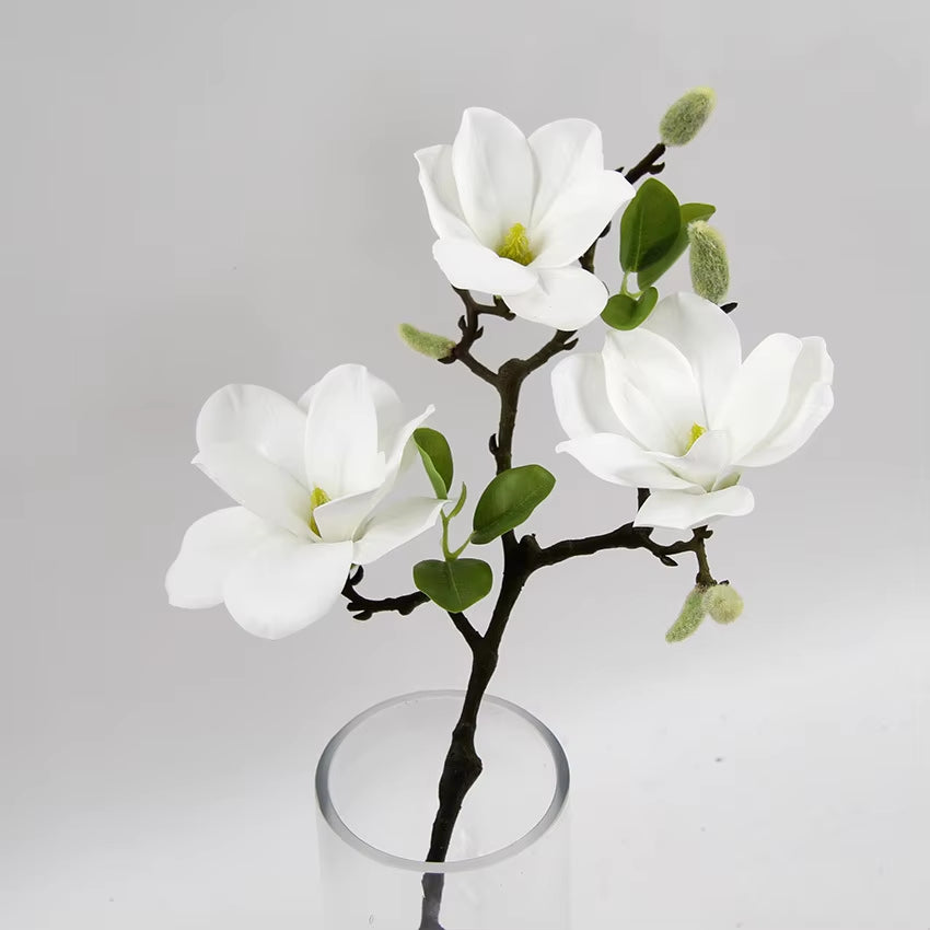 3Heads Open Magnolia Flower Branch Artificial Flowers for White Wedding Decoration Room Table Decor Flores Artificiales