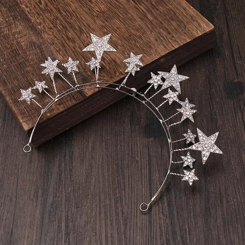 Trendy Silver Color Tiaras and Crowns Stars Princess Queen Diadems Bride Wedding Hair Accessories Rhinestone Hairbands Jewelry