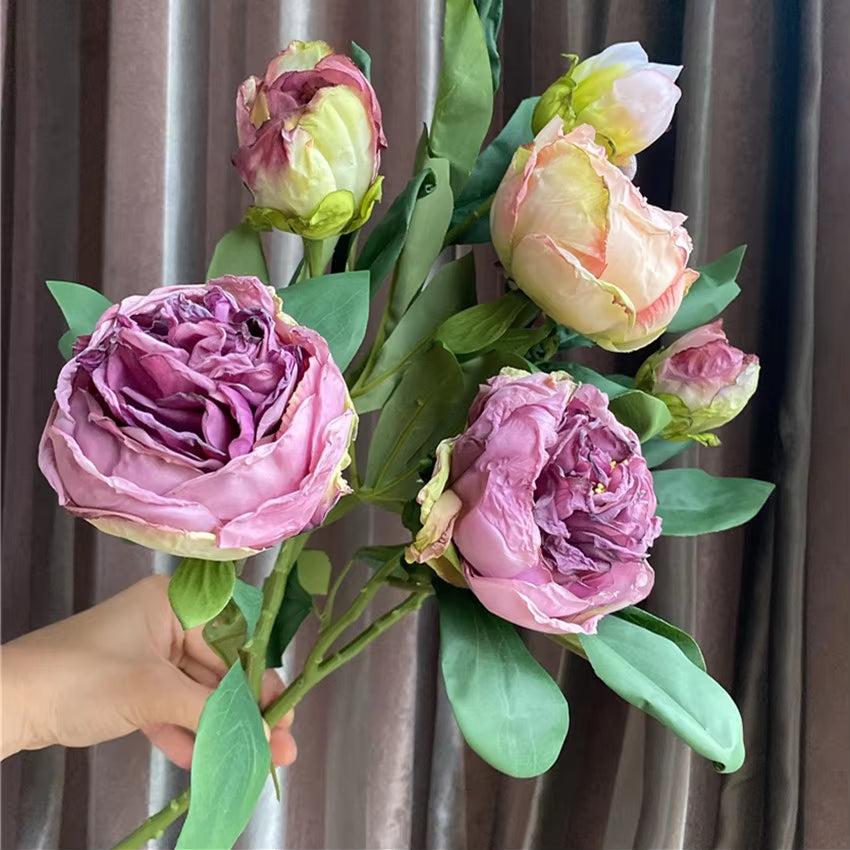 High Quality Burned-Like Peony Branch Artificial Silk Flowers Retro Style Fall Home Decor Flores Artificiales Party Favors