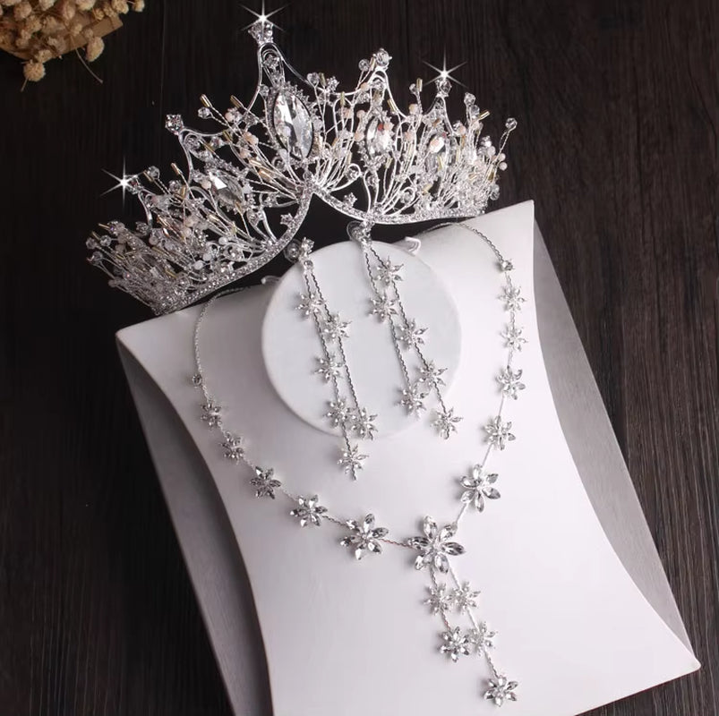 Baroque Silver Color Crystal Leaf Bridal Jewelry Sets Rhinestone Crown Tiaras Choker Necklace Earring African Beads Jewelry Set