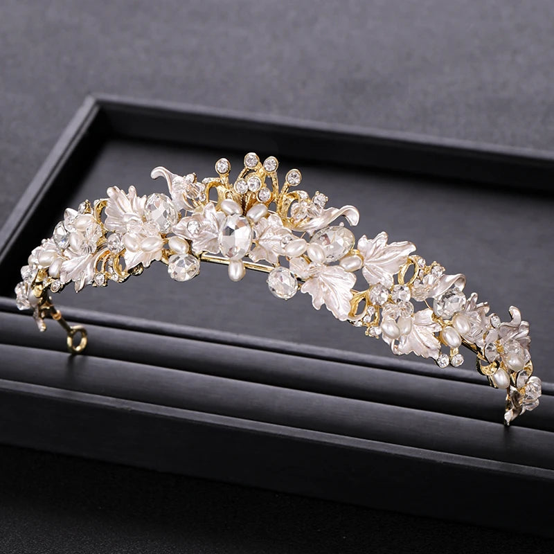 Trendy Rhinestone Pearl Crystal Crown Tiara Headband Flower Bride Hair Accessories Gold Crown Bridal Wedding Crown Hair Jewelry