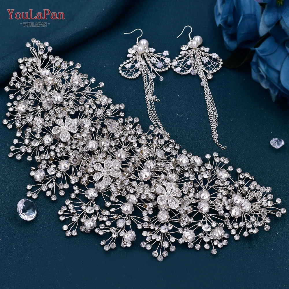 Luxury Rhinestone Bride Headdress with Earring Set Bridal Tiara Crystal Wedding Crown Headband Hair Accessories HP240