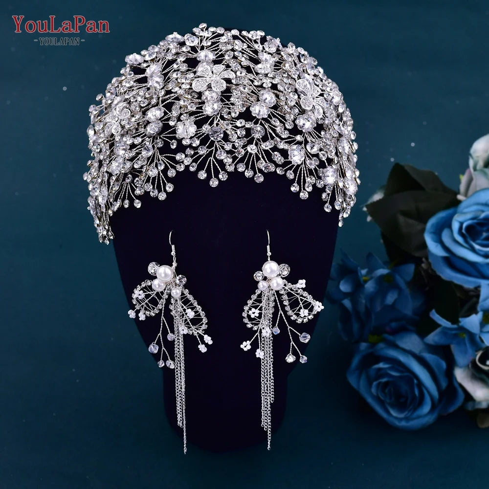 Luxury Rhinestone Bride Headdress with Earring Set Bridal Tiara Crystal Wedding Crown Headband Hair Accessories HP240