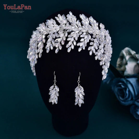 Luxury Rhinestone Bride Headdress with Earring Set Bridal Tiara Crystal Wedding Crown Headband Hair Accessories HP240