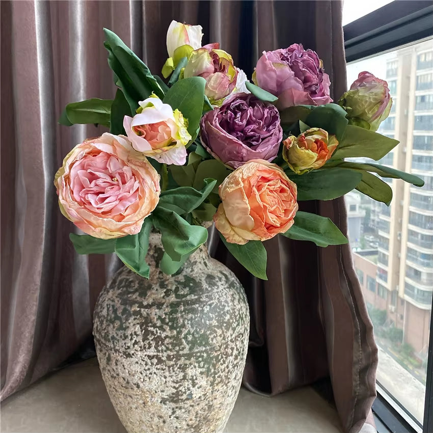 High Quality Burned-Like Peony Branch Artificial Silk Flowers Retro Style Fall Home Decor Flores Artificiales Party Favors