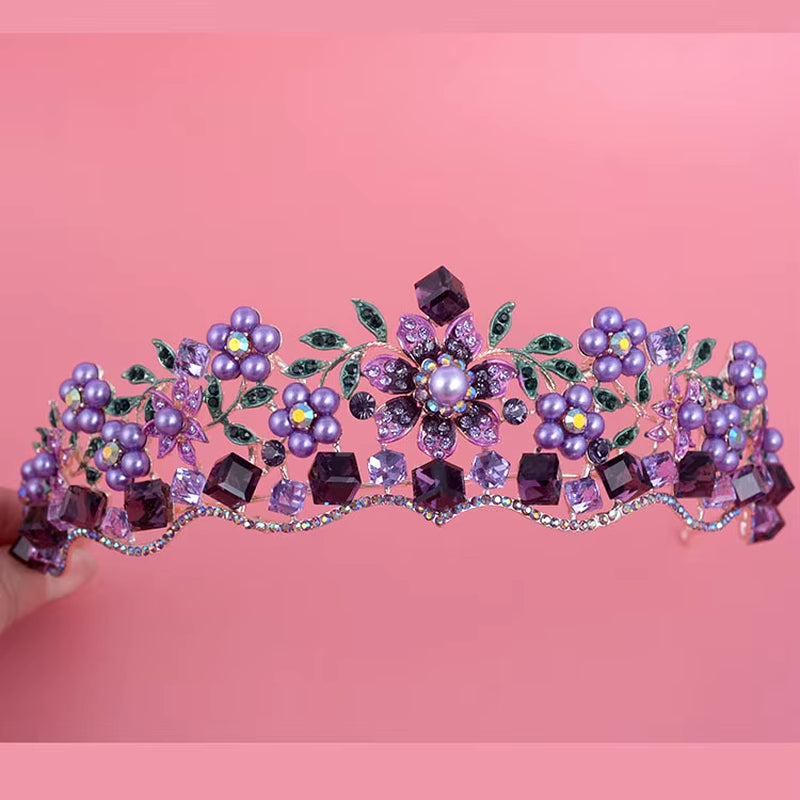 Luxury Baroque Purple Crystal Pearl Bridal Crown Tiara Magnificent Rhinestone Diadem for Bride Headband Wedding Hair Accessories