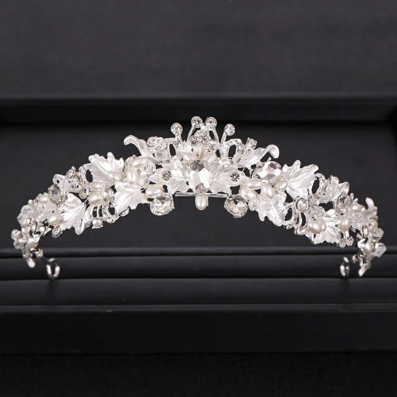 Trendy Rhinestone Pearl Crystal Crown Tiara Headband Flower Bride Hair Accessories Gold Crown Bridal Wedding Crown Hair Jewelry