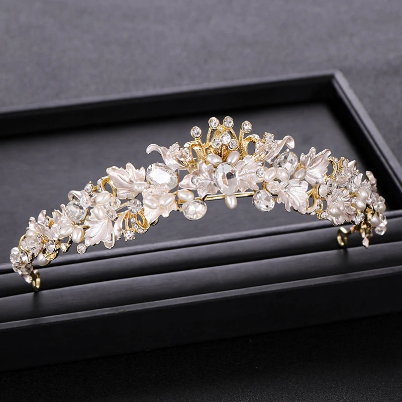 Trendy Rhinestone Pearl Crystal Crown Tiara Headband Flower Bride Hair Accessories Gold Crown Bridal Wedding Crown Hair Jewelry