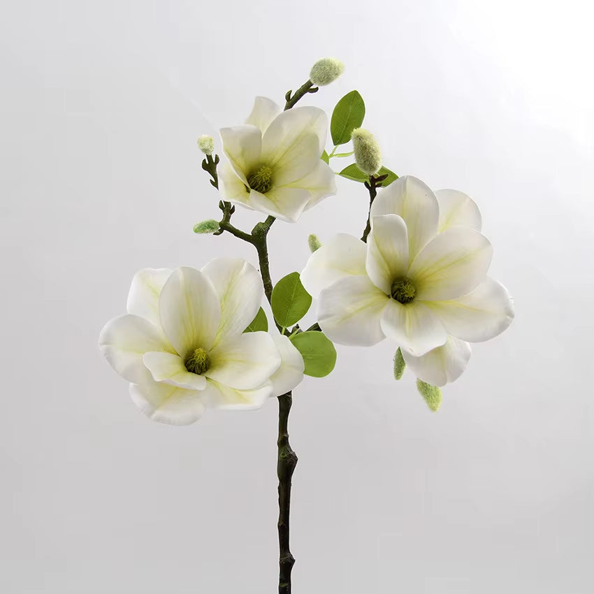 3Heads Open Magnolia Flower Branch Artificial Flowers for White Wedding Decoration Room Table Decor Flores Artificiales