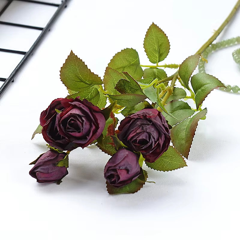 Autumn Fall Luxury Dried-Looking Mini Roses Branch with Leaf Artificial Silk Flowers Indie Room Decor Flores Artificiales