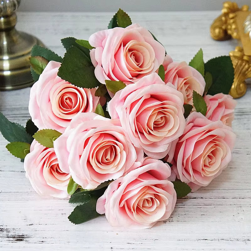 10 Heads Big Artificial Rose Flower Bouquet Flores Artificiales Wedding Home Fall Decorations Fake Flowers Fleur Artificielle