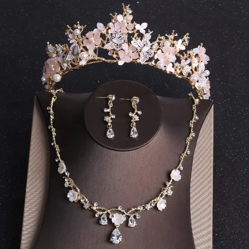 Baroque Gold Color Butterfly Crystal Costume Jewelry Sets Rhinestone Choker Necklace Earrings Tiaras Crown Wedding Jewelry Set