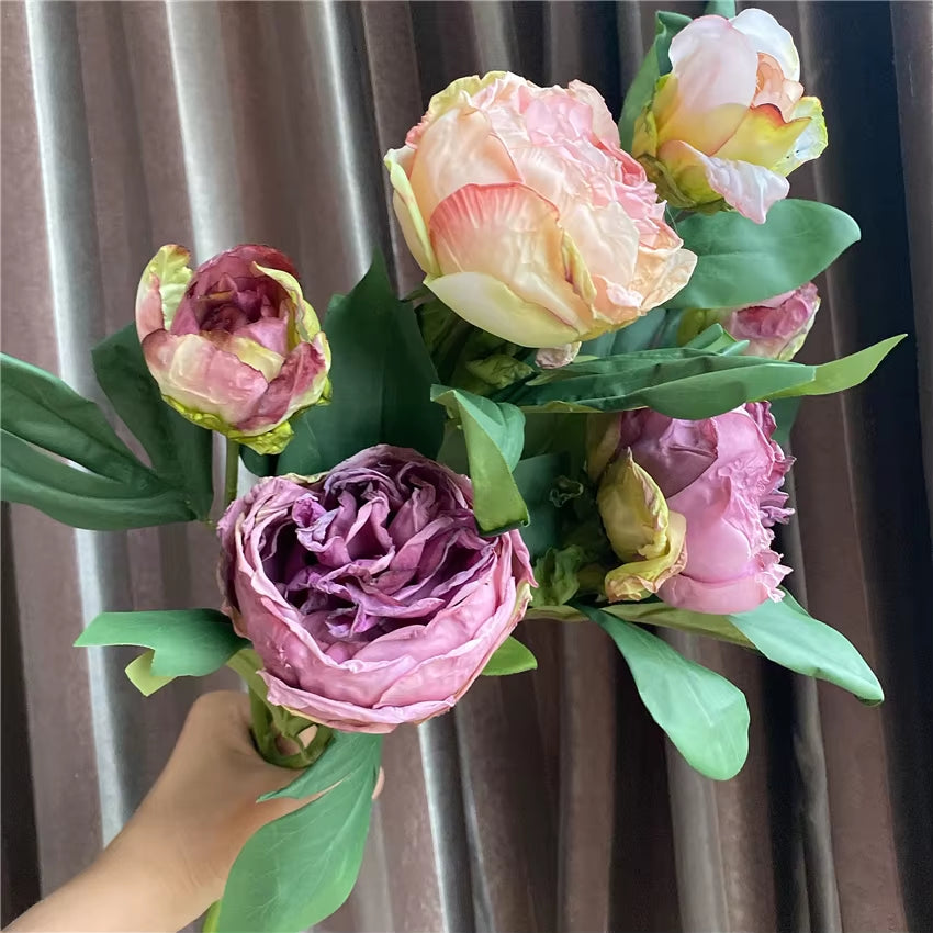 High Quality Burned-Like Peony Branch Artificial Silk Flowers Retro Style Fall Home Decor Flores Artificiales Party Favors