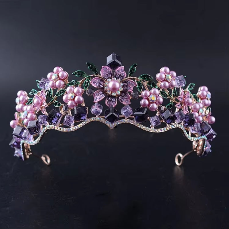 Luxury Baroque Purple Crystal Pearl Bridal Crown Tiara Magnificent Rhinestone Diadem for Bride Headband Wedding Hair Accessories