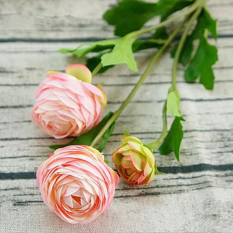 3Heads Artificial Ranunculus Asiaticus Rose Fake Flowers Silk Flores Artificiales for Autumn Wedding Decoration Kunstbloemen