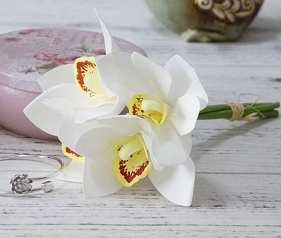 4Pcs/Bundle White Orchid Wedding Bridal Bouquet Mariage Latex Artificial Flowers DIY Scrapbook Flores Artificiales House Decor