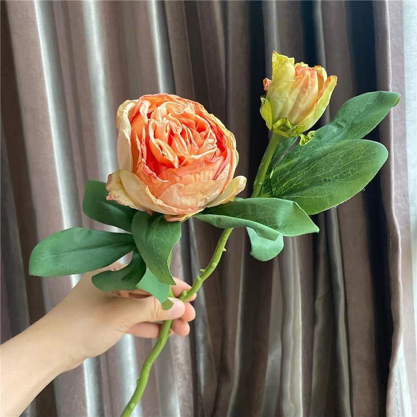 High Quality Burned-Like Peony Branch Artificial Silk Flowers Retro Style Fall Home Decor Flores Artificiales Party Favors