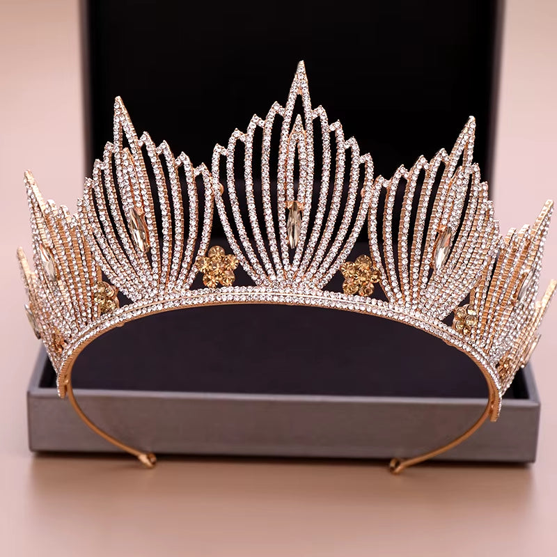 Fashion Champagne Gold Color Crowns Wedding Hair Accessories Luxury Queen Princess Tiara Diadems Women Hair Jewelry Bride Party