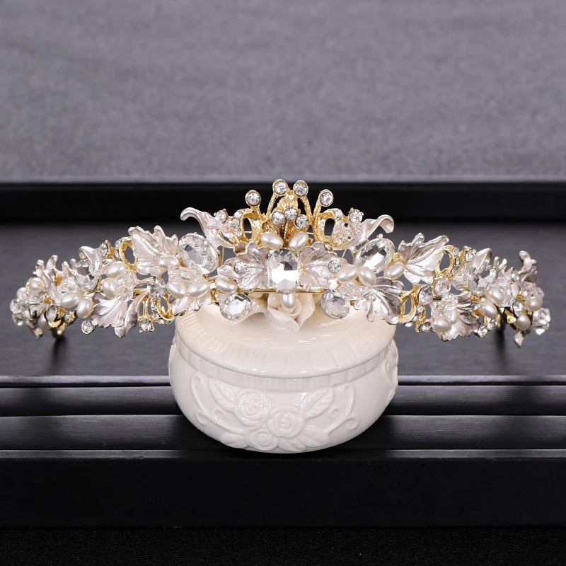 Trendy Rhinestone Pearl Crystal Crown Tiara Headband Flower Bride Hair Accessories Gold Crown Bridal Wedding Crown Hair Jewelry