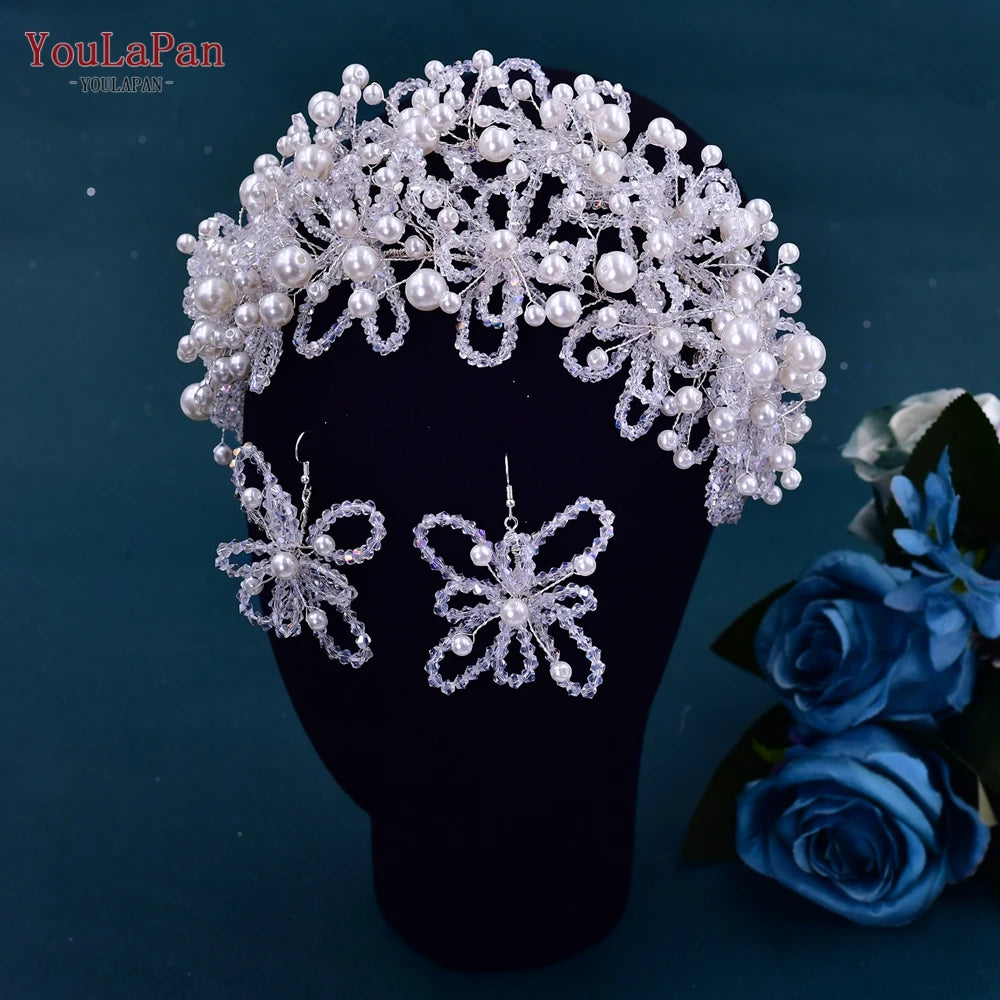 Luxury Rhinestone Bride Headdress with Earring Set Bridal Tiara Crystal Wedding Crown Headband Hair Accessories HP240