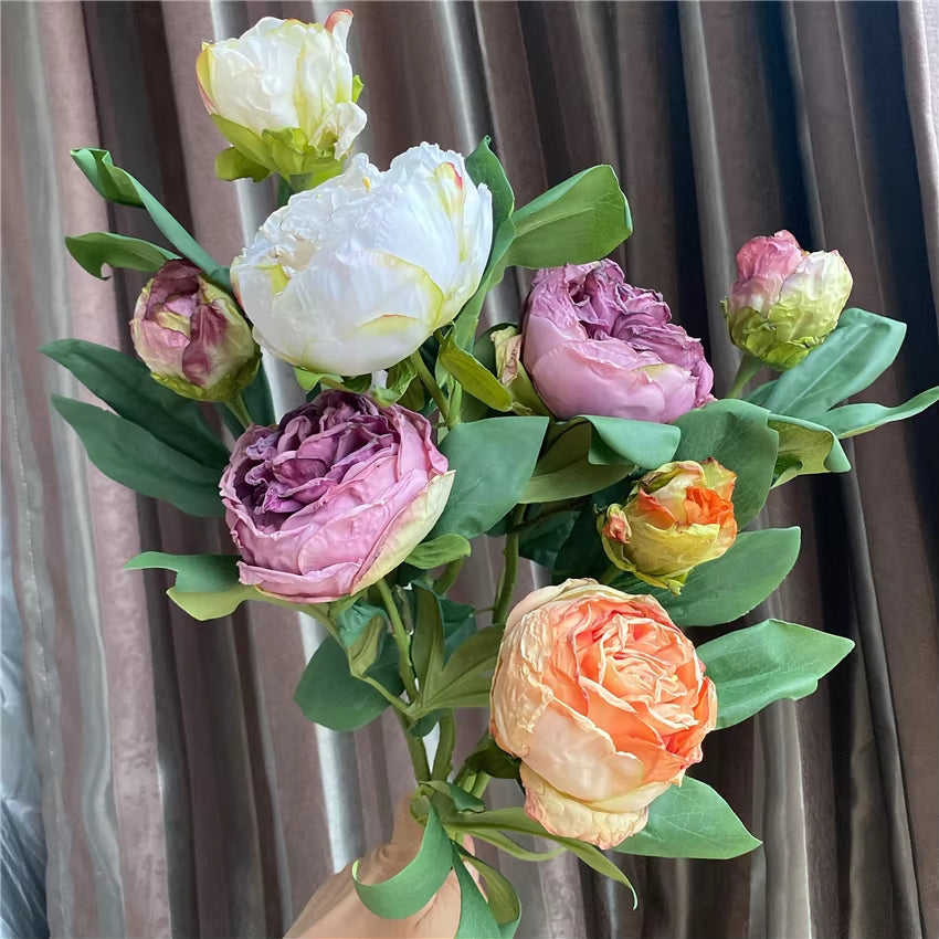 High Quality Burned-Like Peony Branch Artificial Silk Flowers Retro Style Fall Home Decor Flores Artificiales Party Favors