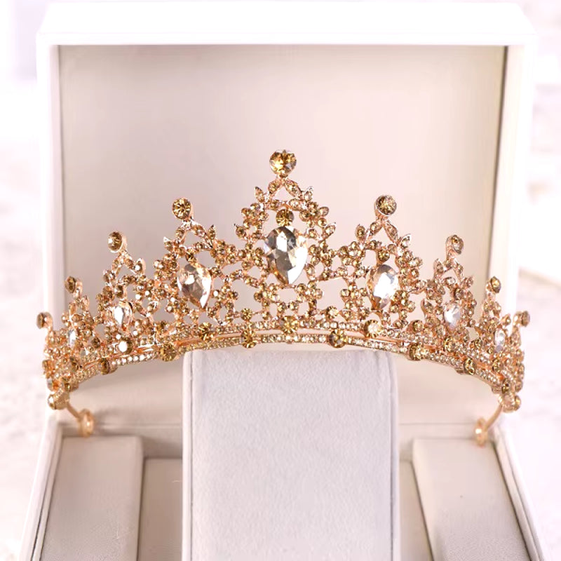 Fashion Champagne Gold Color Crowns Wedding Hair Accessories Luxury Queen Princess Tiara Diadems Women Hair Jewelry Bride Party