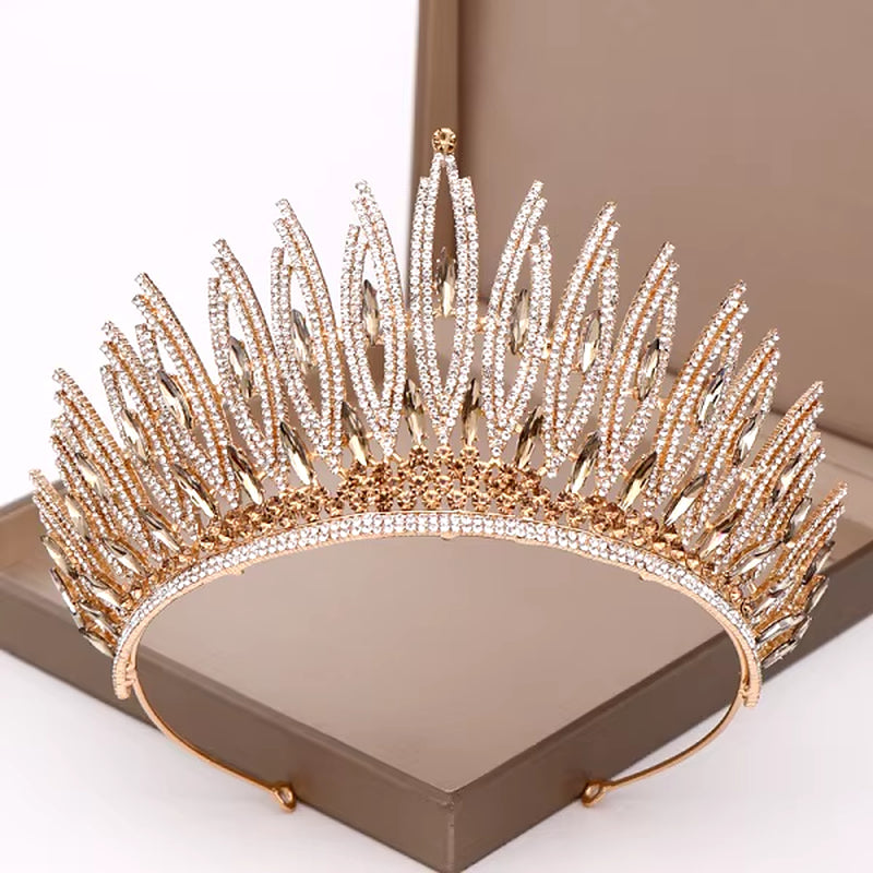 Fashion Champagne Gold Color Crowns Wedding Hair Accessories Luxury Queen Princess Tiara Diadems Women Hair Jewelry Bride Party