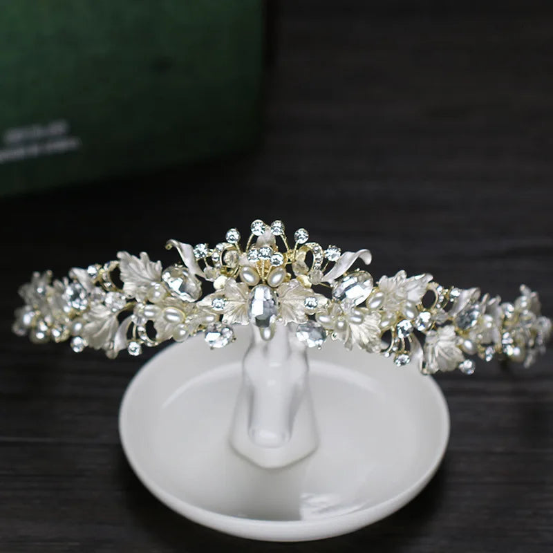 Trendy Rhinestone Pearl Crystal Crown Tiara Headband Flower Bride Hair Accessories Gold Crown Bridal Wedding Crown Hair Jewelry