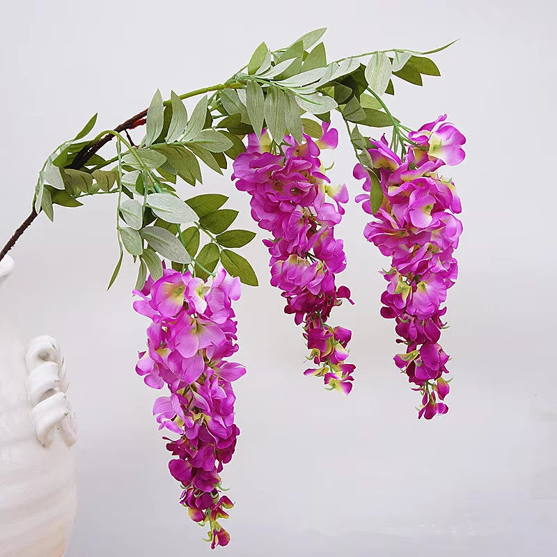 Luxury White Wisteria Artificial Flower Branch for Wedding Party Floral Backdrop Decoration Silk Rattan Flores Wall Room Decor