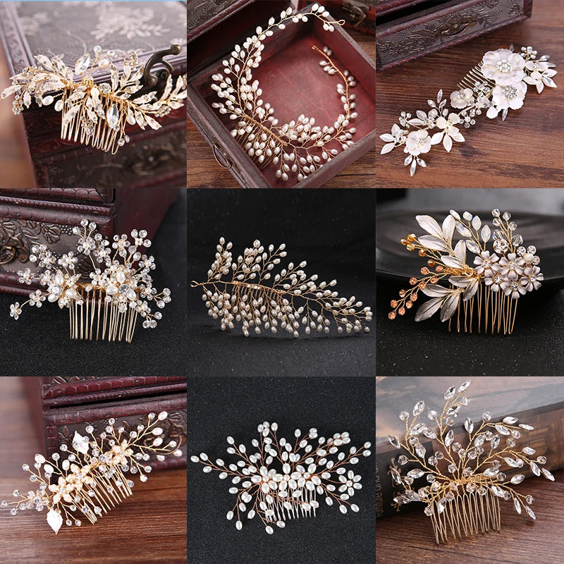 Many Style Gold Color Crystal Simulated Pearl Hair Comb for Wedding Hair Accessories Handmade Bride Hair Jewelry Headpiece Tiara