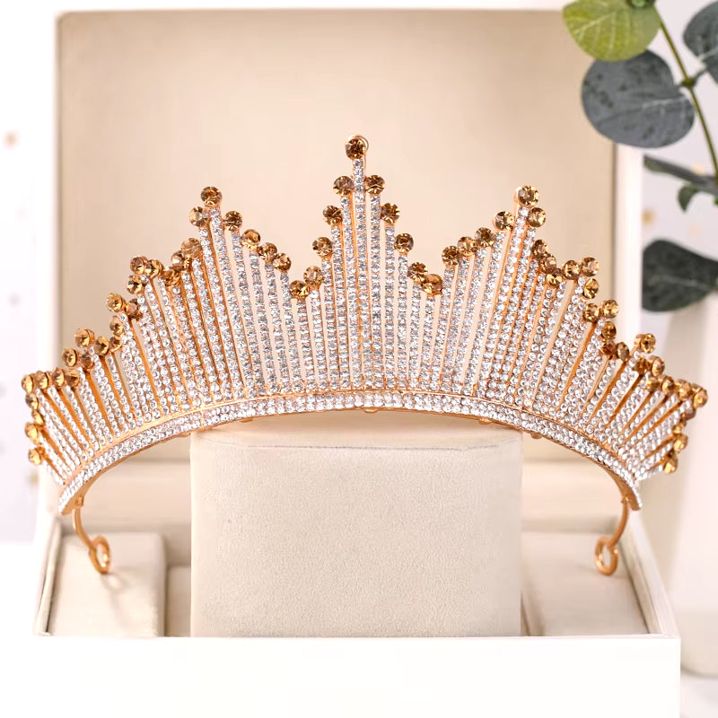 Fashion Champagne Gold Color Crowns Wedding Hair Accessories Luxury Queen Princess Tiara Diadems Women Hair Jewelry Bride Party