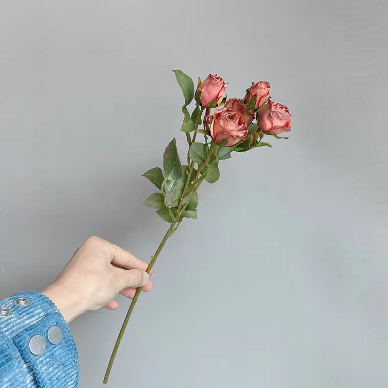 Autumn Fall Luxury Dried-Looking Mini Roses Branch with Leaf Artificial Silk Flowers Indie Room Decor Flores Artificiales