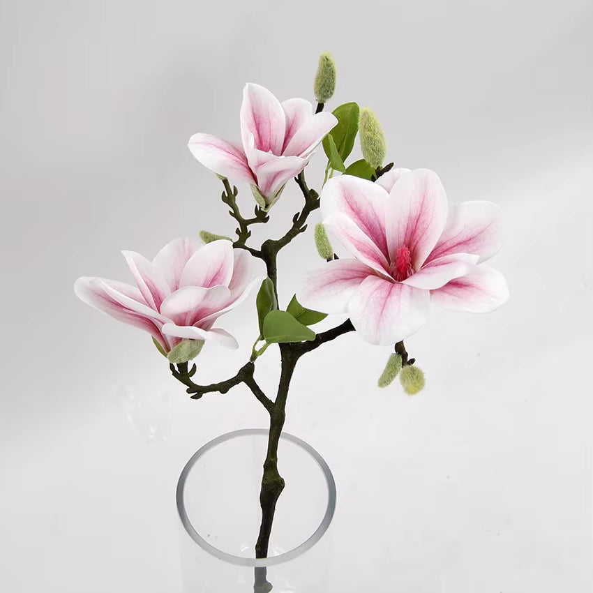 3Heads Open Magnolia Flower Branch Artificial Flowers for White Wedding Decoration Room Table Decor Flores Artificiales