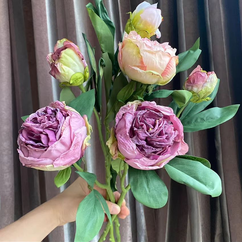 High Quality Burned-Like Peony Branch Artificial Silk Flowers Retro Style Fall Home Decor Flores Artificiales Party Favors