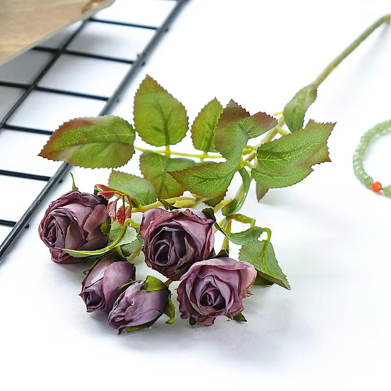 Autumn Fall Luxury Dried-Looking Mini Roses Branch with Leaf Artificial Silk Flowers Indie Room Decor Flores Artificiales