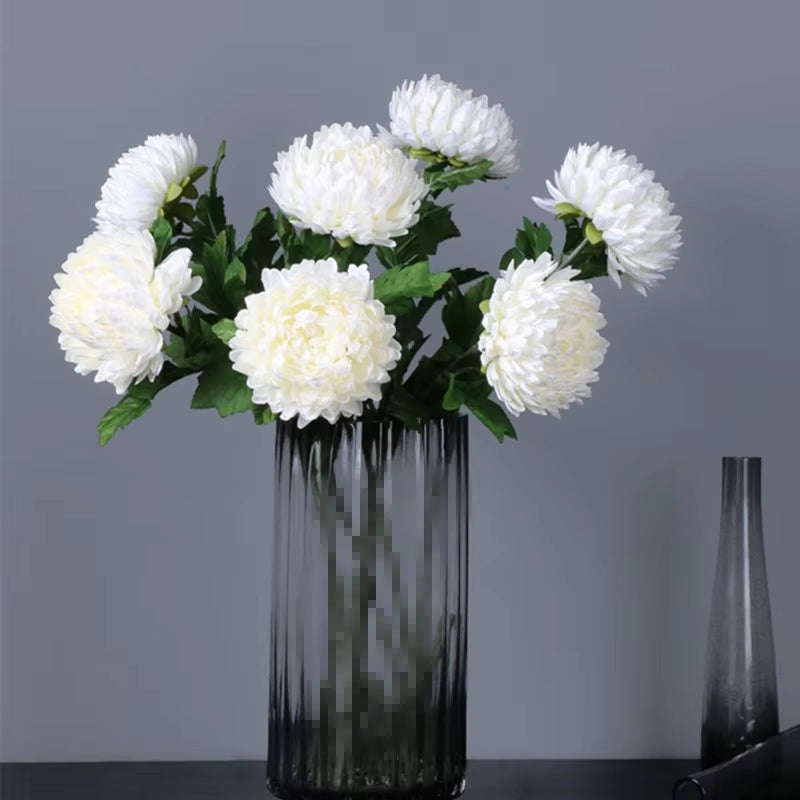 Large Marigolds Chrysanthemum with Leaves White Artificial Silk Flowers Room Table Decor Wedding Flores