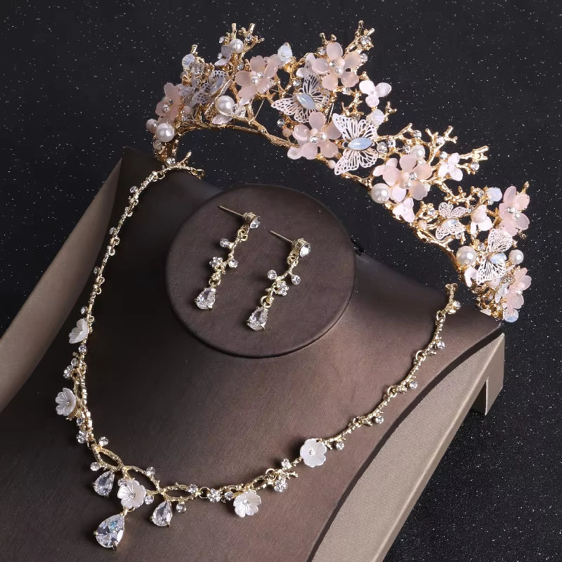 Baroque Gold Color Butterfly Crystal Costume Jewelry Sets Rhinestone Choker Necklace Earrings Tiaras Crown Wedding Jewelry Set