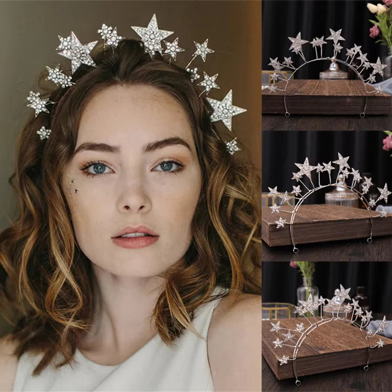 Trendy Silver Color Tiaras and Crowns Stars Princess Queen Diadems Bride Wedding Hair Accessories Rhinestone Hairbands Jewelry