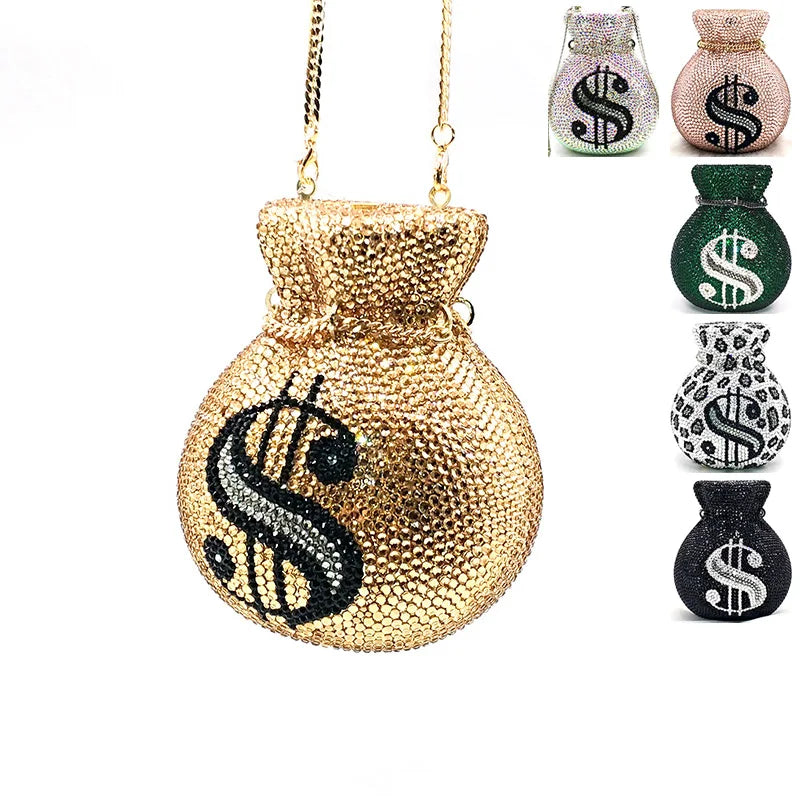 NEWEST Luxury Women Evening Party Designer Funny Rich Dollar Full Crystal Clutches Purses Pouch Money Bag