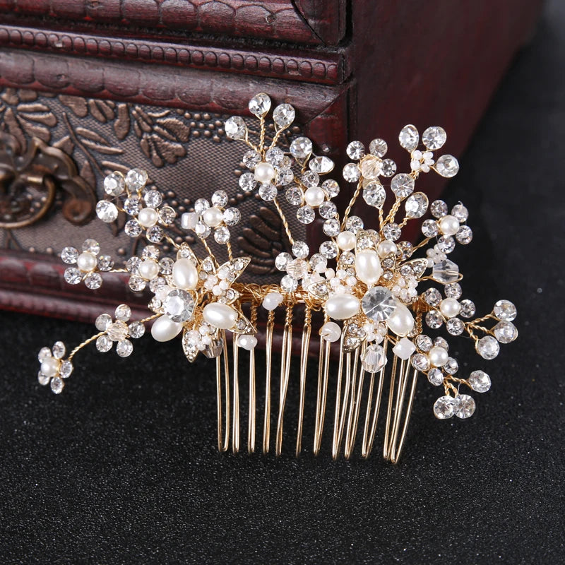 Many Style Gold Color Crystal Simulated Pearl Hair Comb for Wedding Hair Accessories Handmade Bride Hair Jewelry Headpiece Tiara