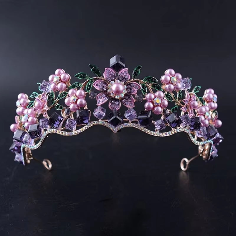 Luxury Baroque Purple Crystal Pearl Bridal Crown Tiara Magnificent Rhinestone Diadem for Bride Headband Wedding Hair Accessories