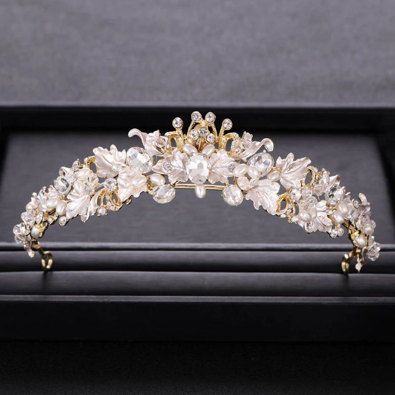 Trendy Rhinestone Pearl Crystal Crown Tiara Headband Flower Bride Hair Accessories Gold Crown Bridal Wedding Crown Hair Jewelry