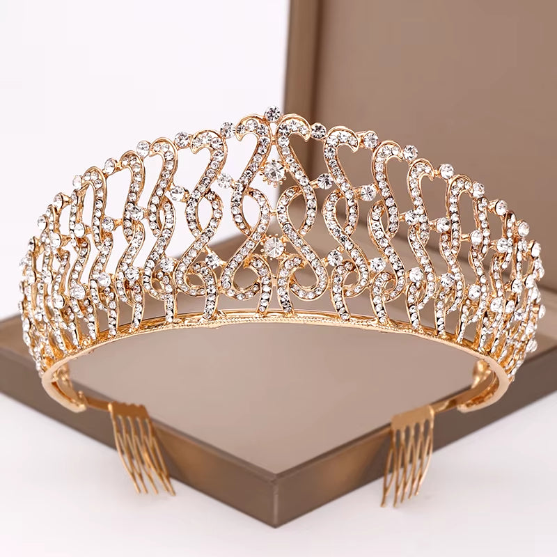 Fashion Champagne Gold Color Crowns Wedding Hair Accessories Luxury Queen Princess Tiara Diadems Women Hair Jewelry Bride Party