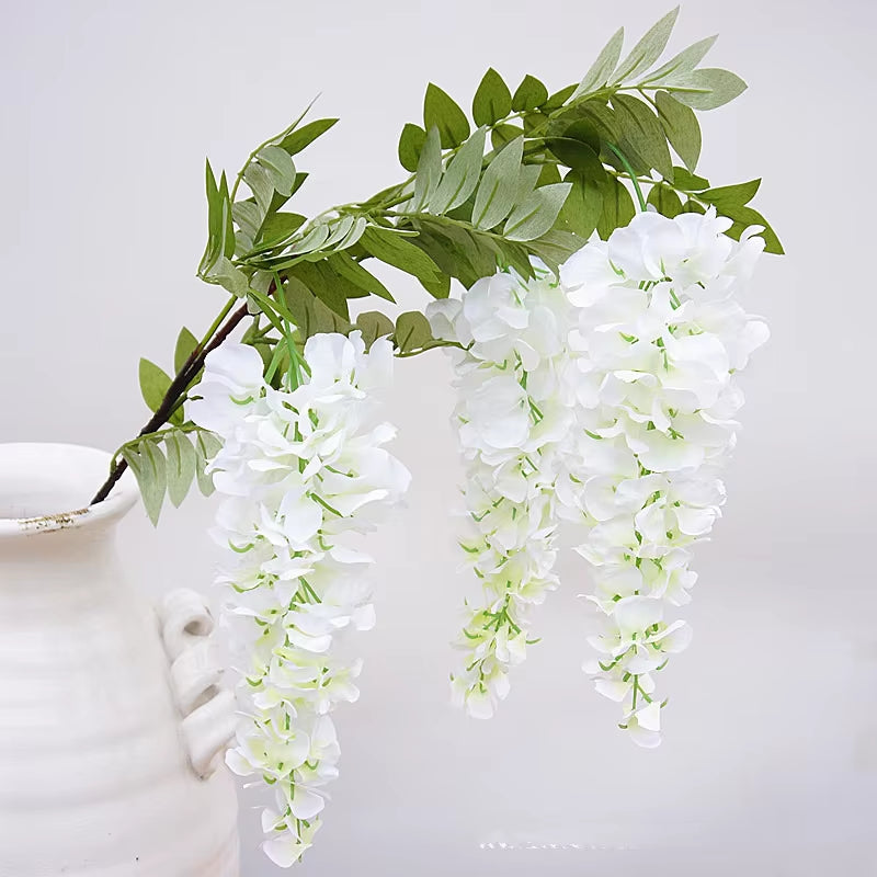 Luxury White Wisteria Artificial Flower Branch for Wedding Party Floral Backdrop Decoration Silk Rattan Flores Wall Room Decor