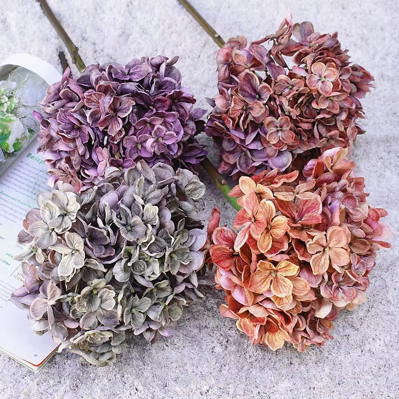 Luxury Dried Looking Large Hydrangea Flower Short Branch Fall Decoration Silk Artificial Flowers Photo Props Hotel Decor Flores