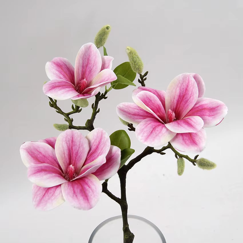 3Heads Open Magnolia Flower Branch Artificial Flowers for White Wedding Decoration Room Table Decor Flores Artificiales