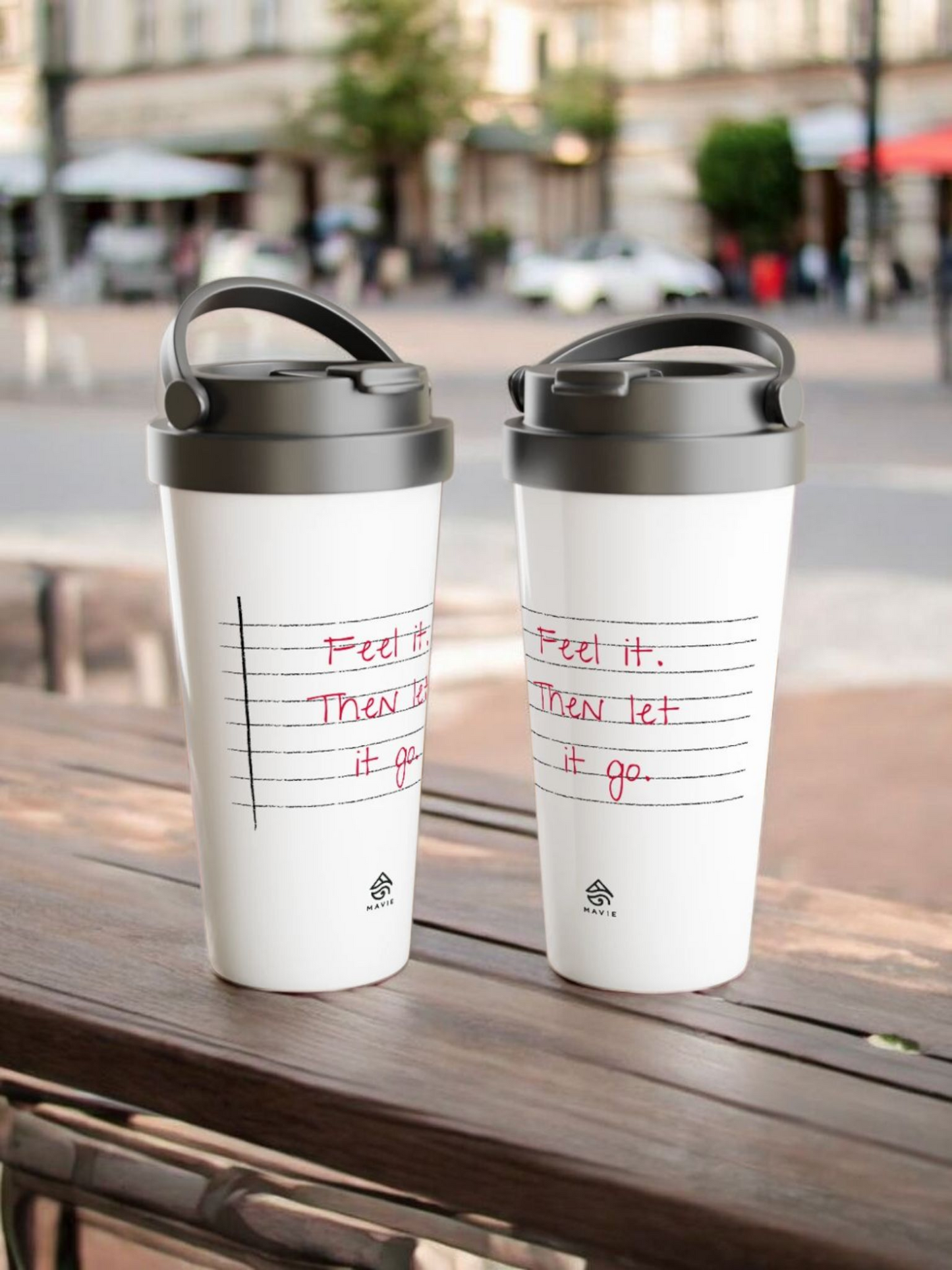 Feel it. Then let it go. - White 15oz Stainless Steel Travel Mug